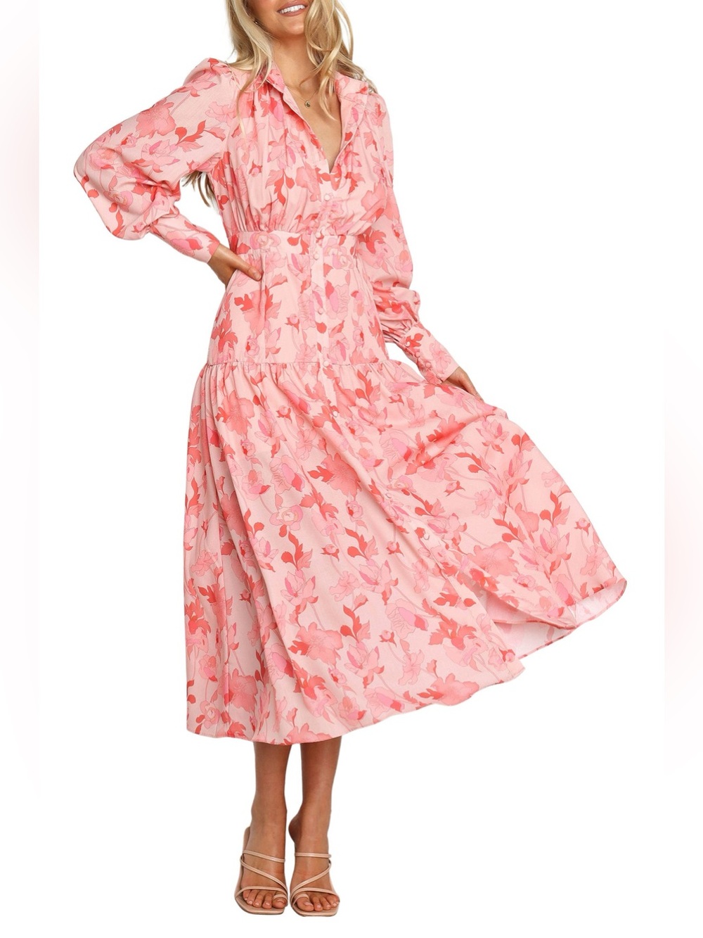 Petal & Pup Forever Print Long Sleeve Tiered Midi Dress Peach Color Size 6